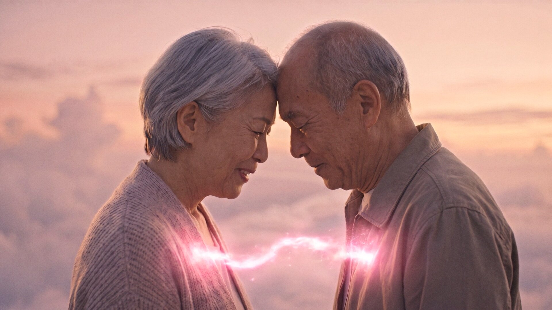 An elderly couple forehead to forehead, still synchronized