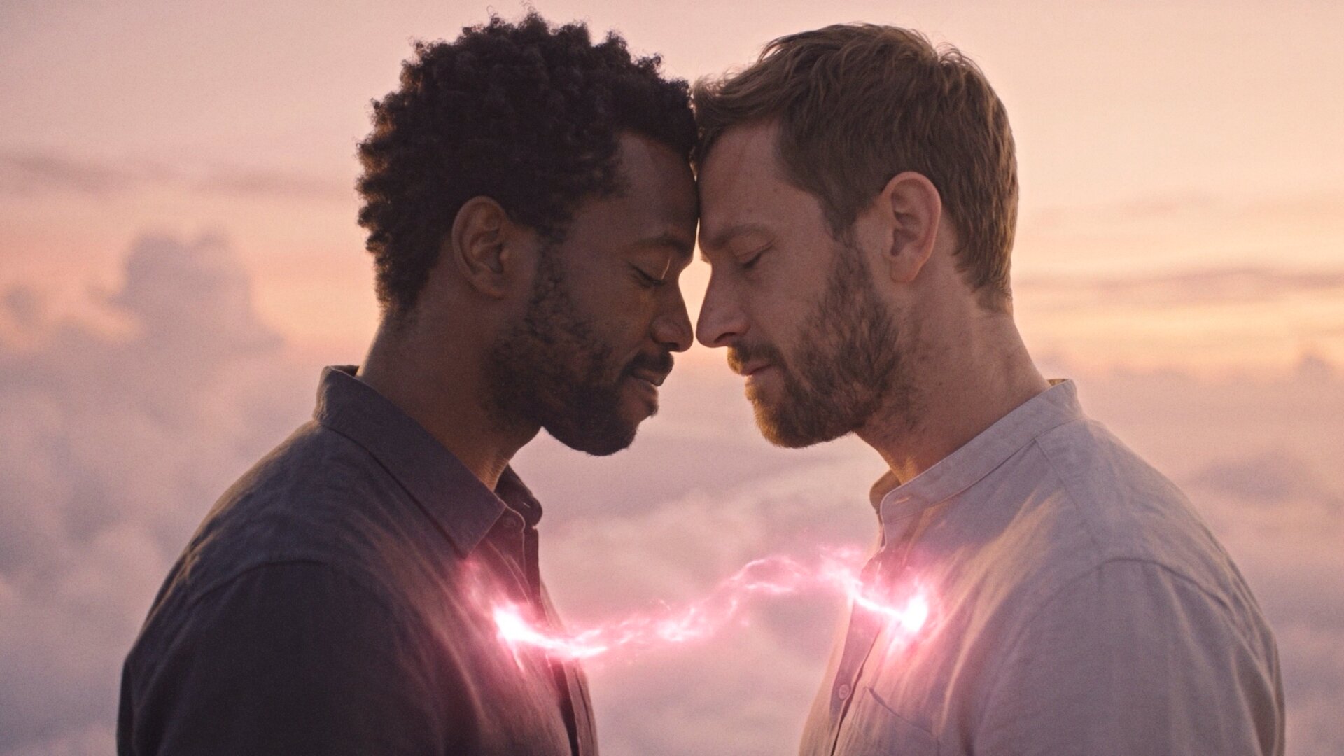 Two men forehead to forehead, connected by a glowing thread