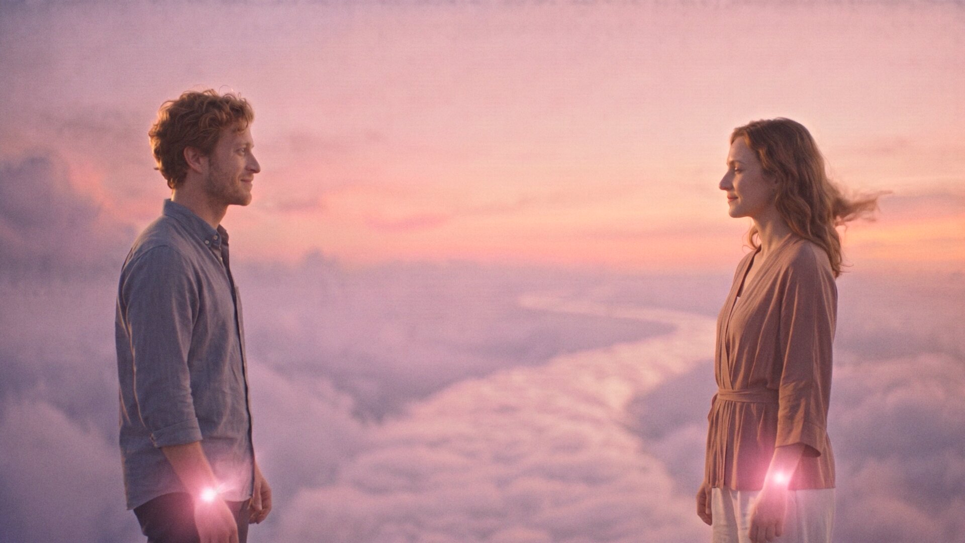 A young couple facing each other, wrists glowing in sync