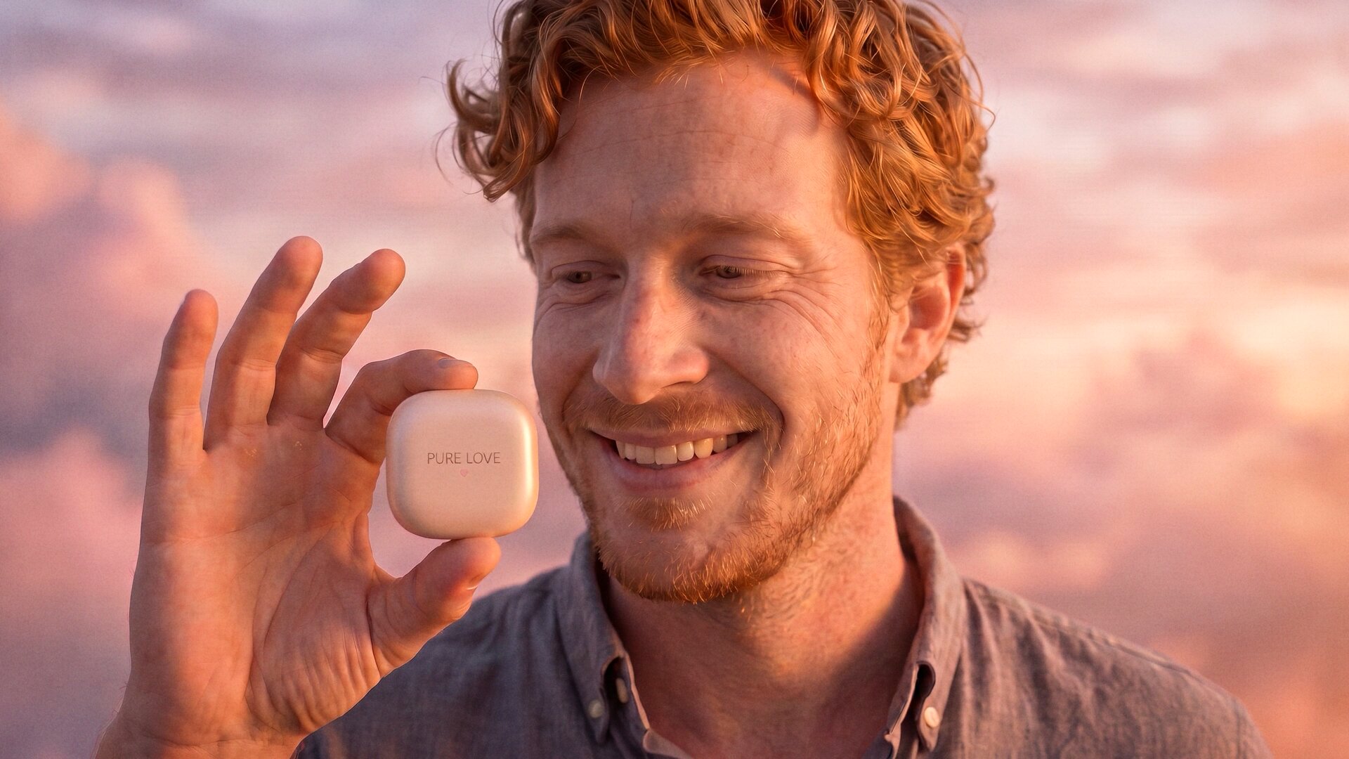 A beaming man shows off his PURE LOVE case
