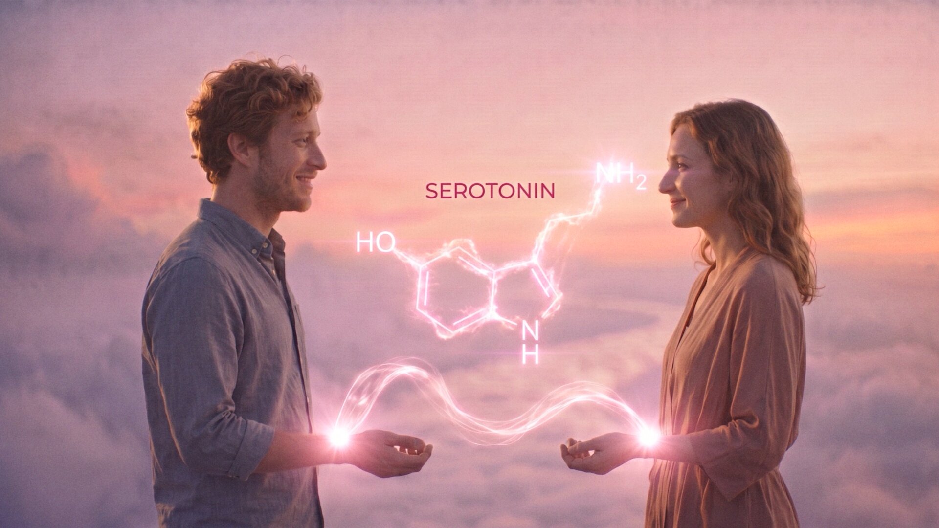 A synchronized couple, connected by a glowing serotonin molecule